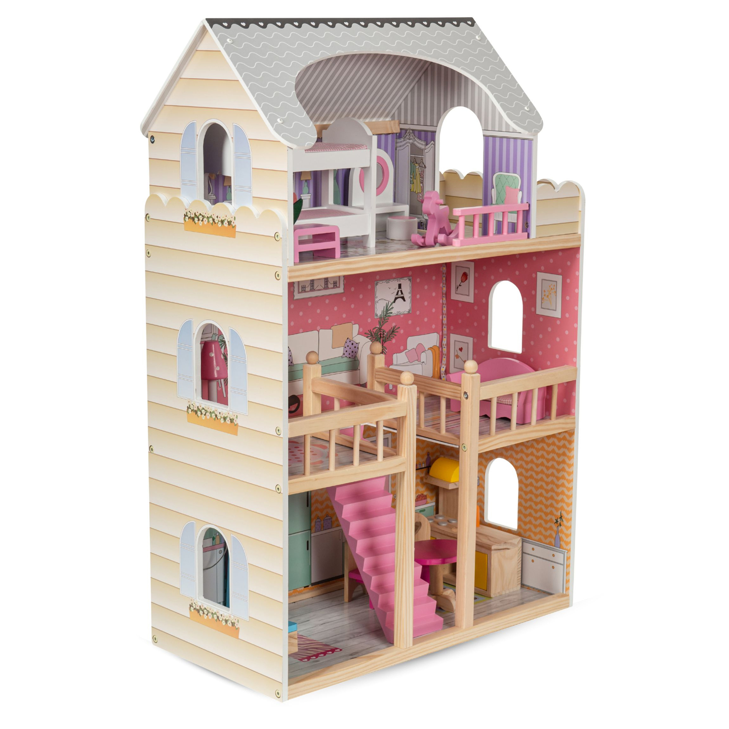 Veľký drevený 3-poschodový domček pre bábiky s terasou, nábytkom a LED osvetlením!