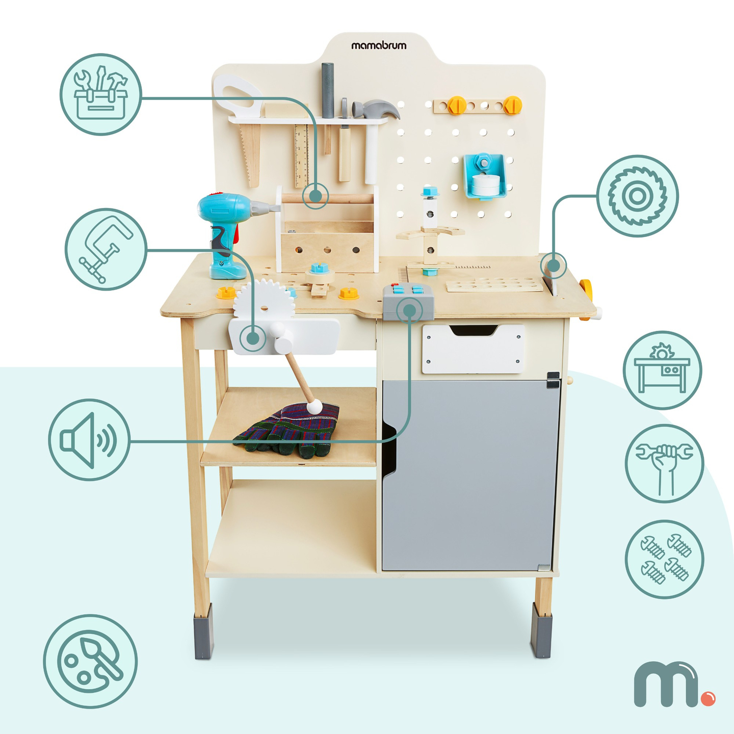 XXL Veľká drevená dielňa s náradím - sada pre domácich majstrov, 74 prvkov