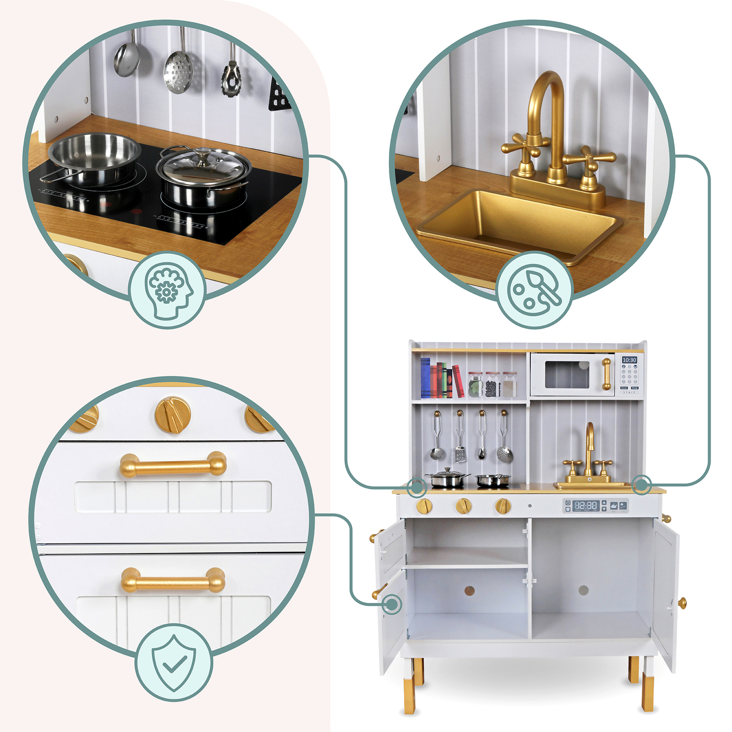 Drevená biela kuchyňa s príslušenstvom a zásterou