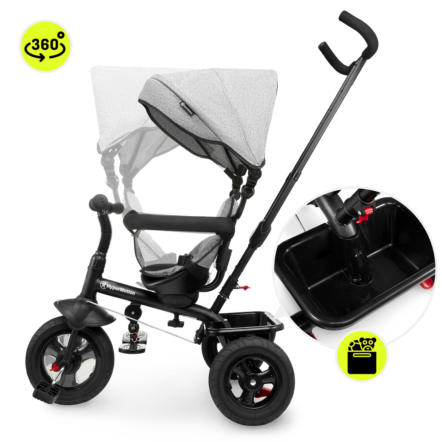 Trojkolka pre deti od 1 do 4 rokov - TOBI FREY - sivá farba - otočná - pumpované kolesá + tlačné koleso