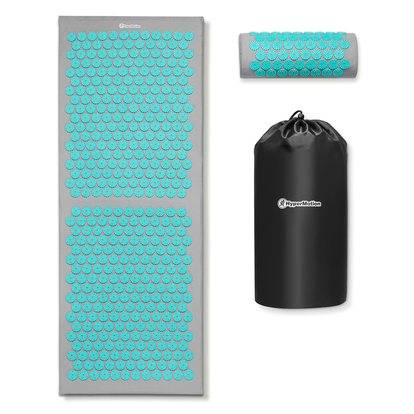 Veľká akupresúrna podložka s vankúšom a poťahom - 130 cm HyperMotion sivo-mätová