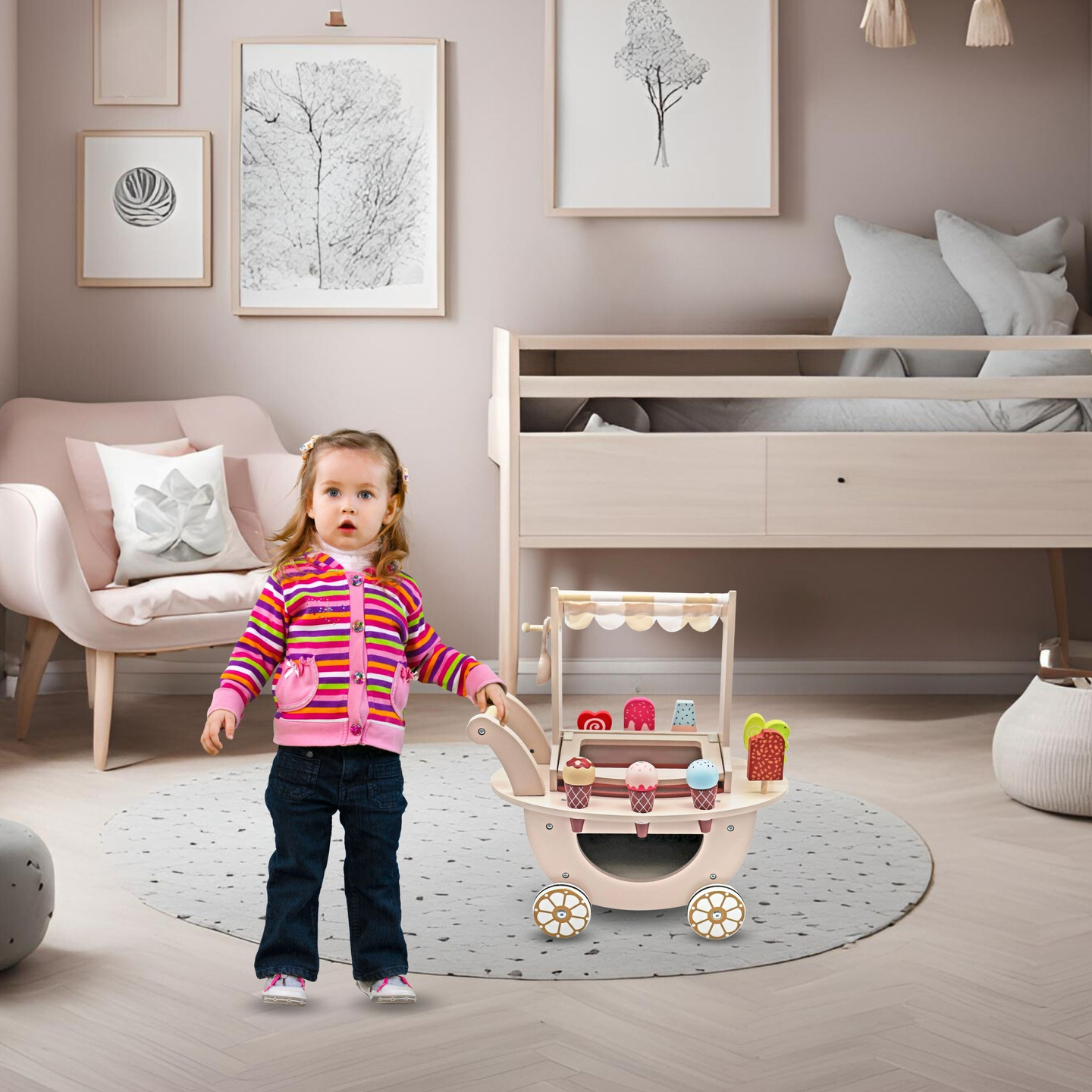 Drevená zmrzlináreň pre deti - vozík na kolieskach s príslušenstvom