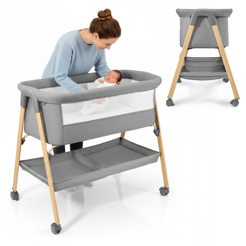 Detská postieľka, voľne stojaca, cestovná postieľka, kolíska s matracom - sivá