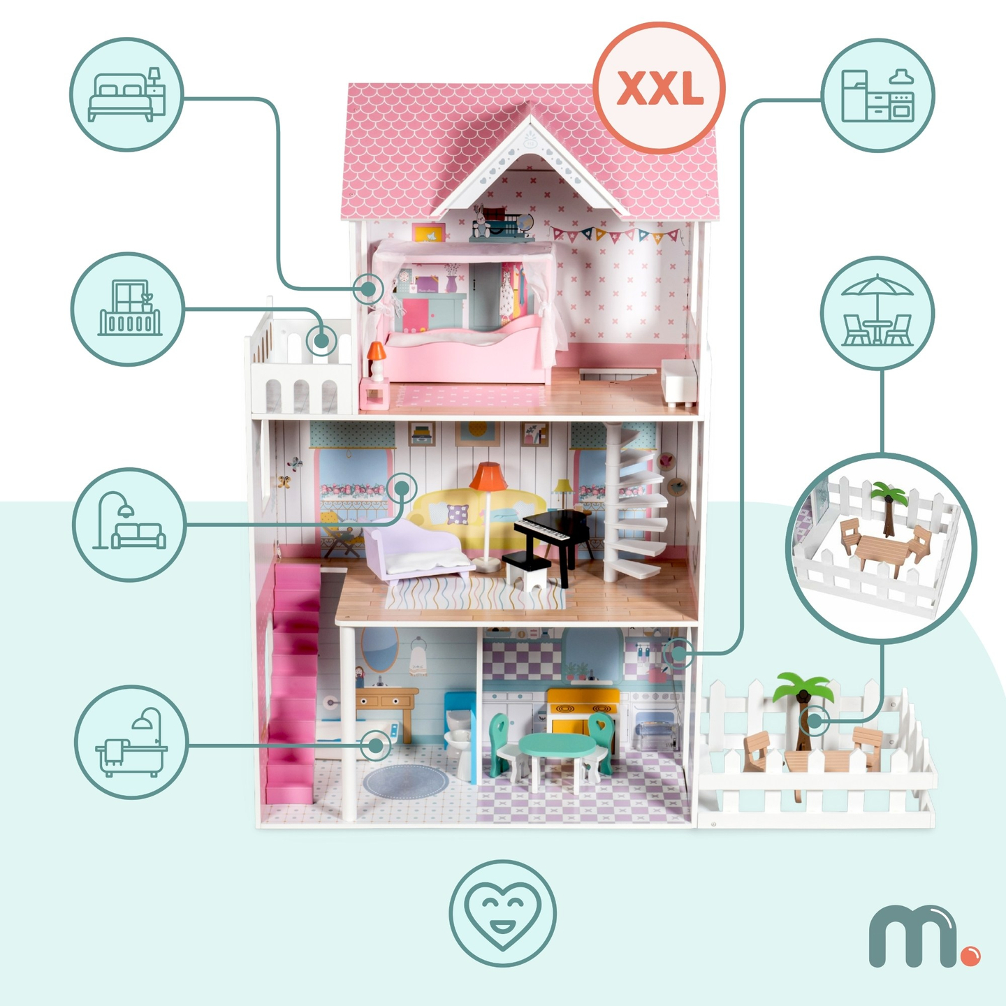 XXL Najväčší drevený domček pre bábiky - 123 cm - LED osvetlenie - terasa, doplnky, záhrada
