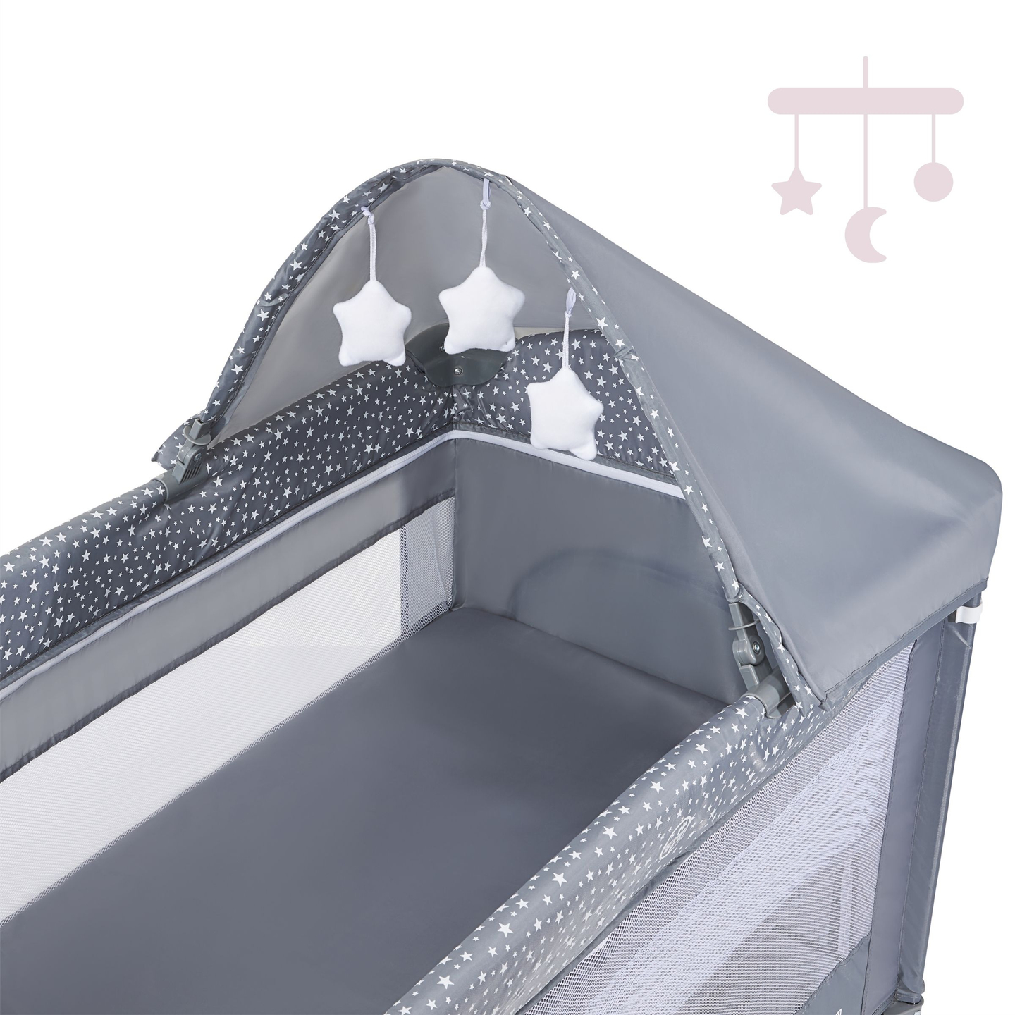 Cestovná postieľka / ohrádka 2 úrovne s prebaľovacím pultom, strieškou a matracom Happy Traveler BASIC PLUS - šedá