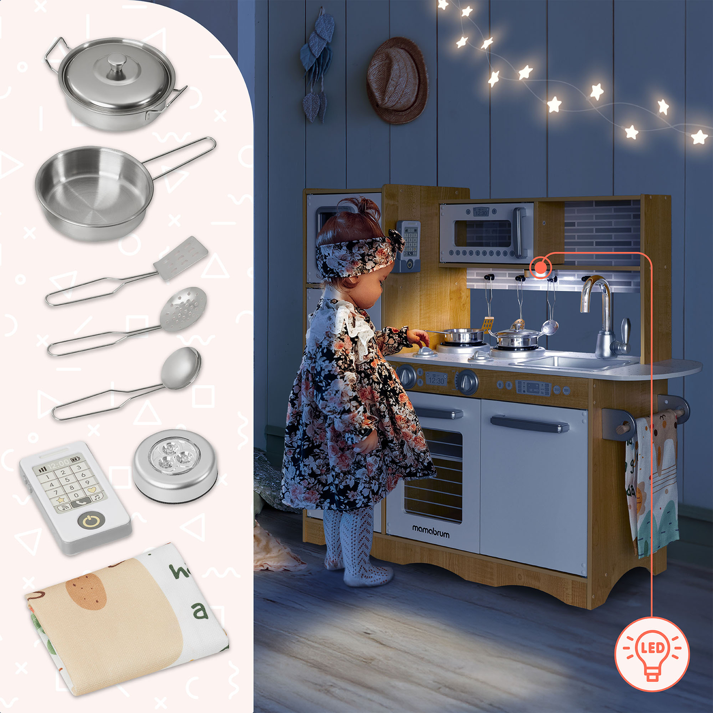 Drevená kuchyňa XXL s LED osvetlením, zásterou a príslušenstvom