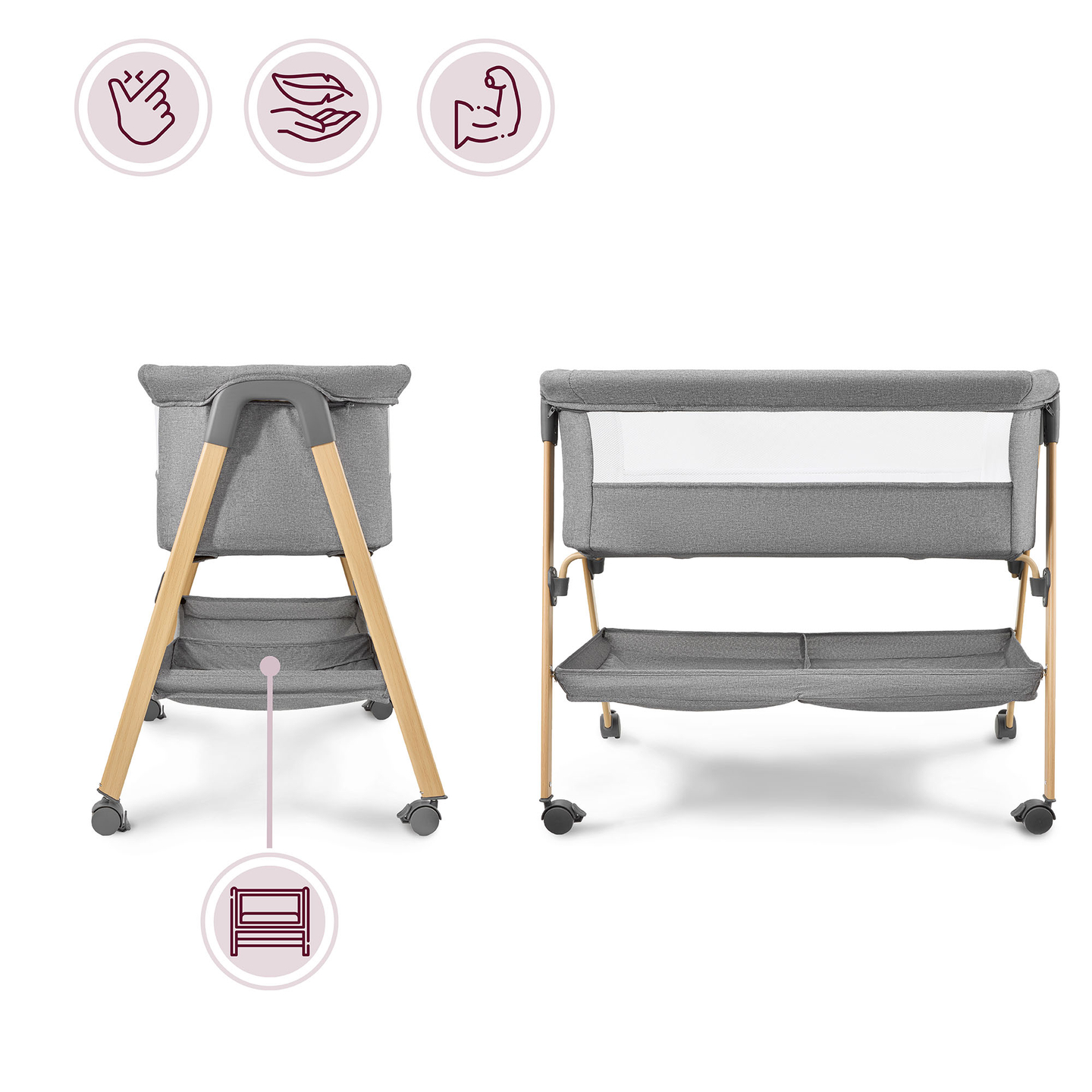 Detská postieľka, voľne stojaca, cestovná postieľka, kolíska s matracom - sivá
