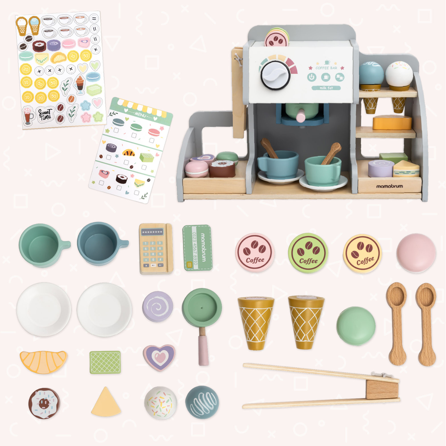 Veľká drevená zmrzlináreň s magnetickou tabuľou, kávovarom a sadou na zmrzlinu a zákusky - viac ako 70 dielikov!