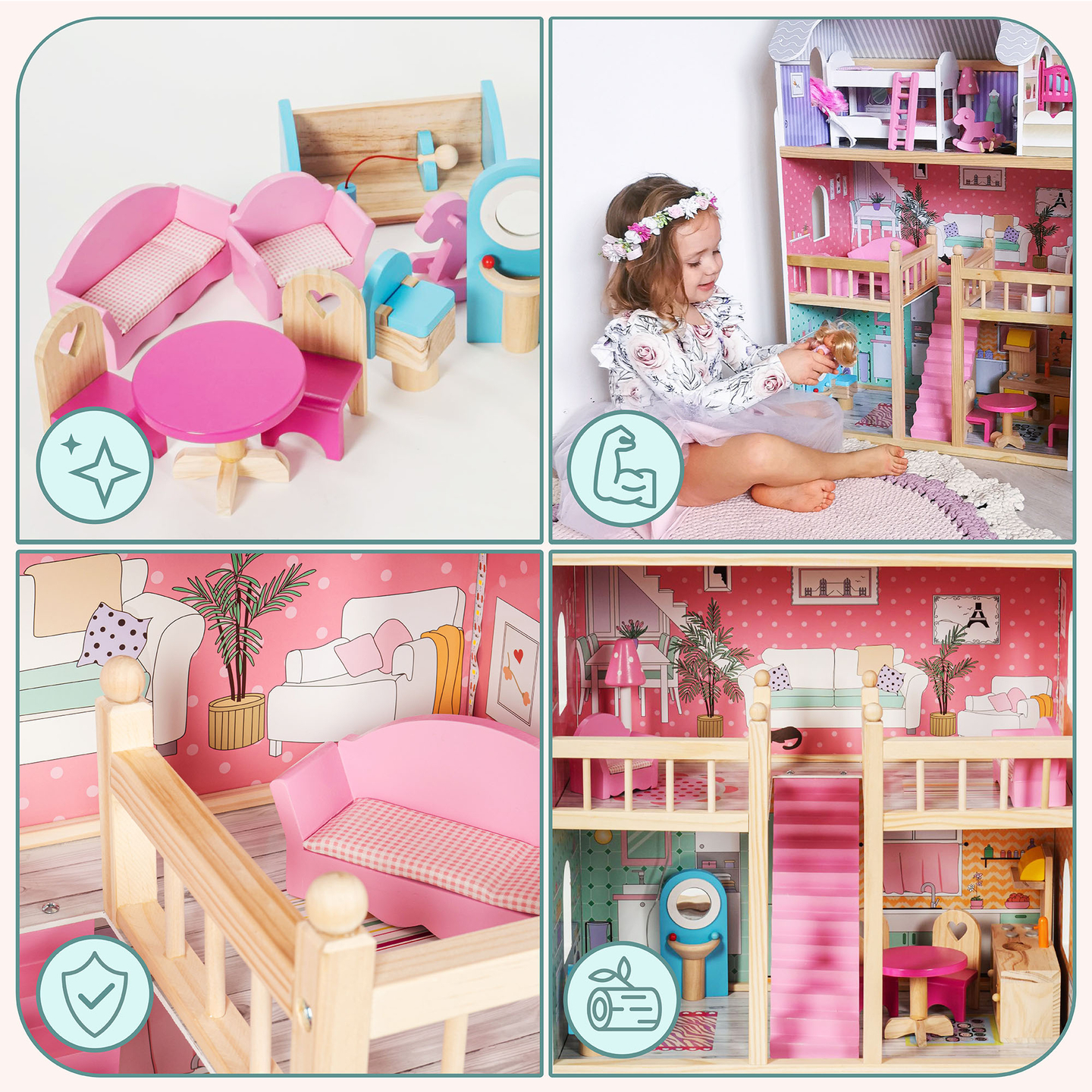 Veľký drevený 3-poschodový domček pre bábiky s terasou, nábytkom a LED osvetlením!