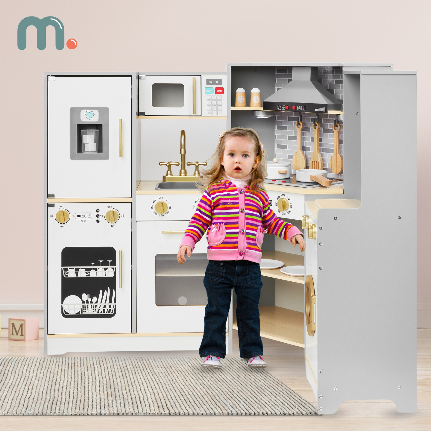 Drevená interaktívna kuchyňa XXXL s LED osvetlením, digestorom a príslušenstvom