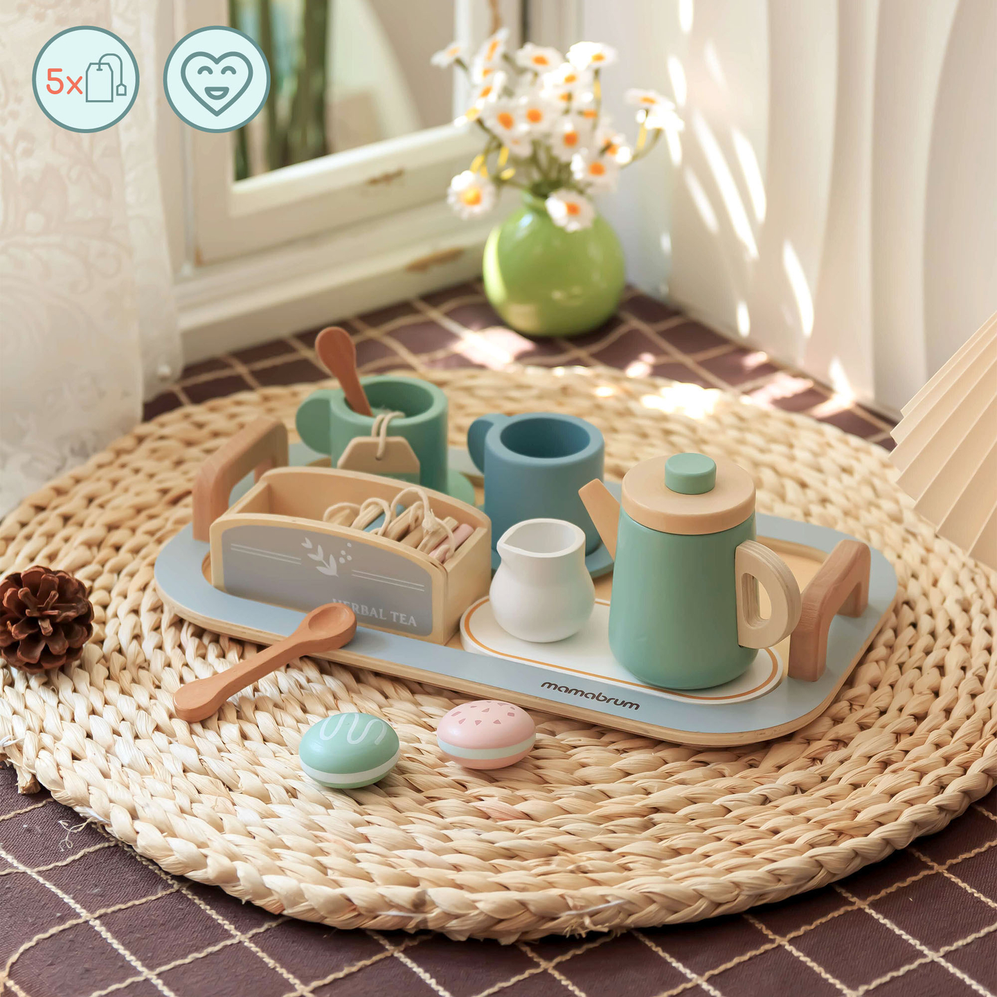 Veľká drevená čajová súprava s podnosom - 18 kusov