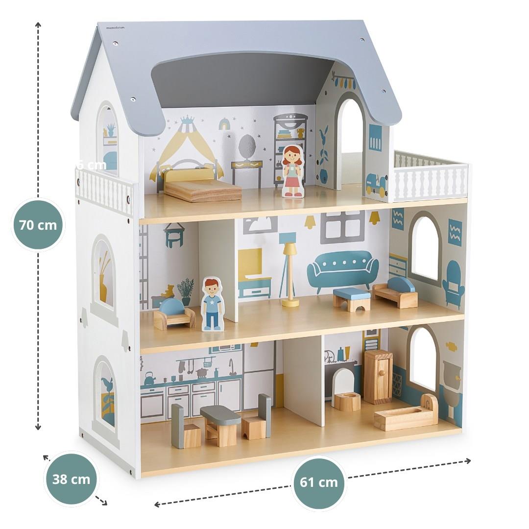 Biely drevený domček pre bábiky s terasou a príslušenstvom