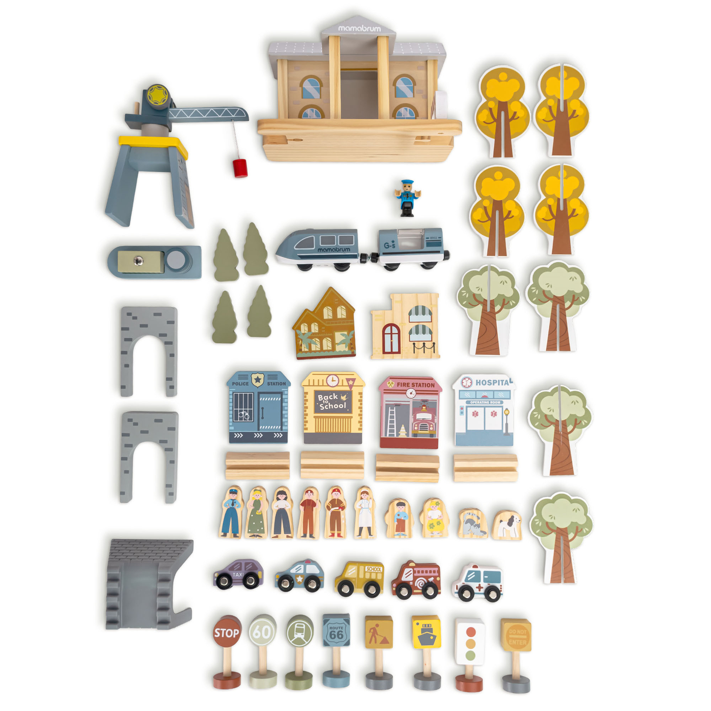 Drevená mestská železnica s elektrickým vlakom - pohybujúci sa žeriav, loď, mosty