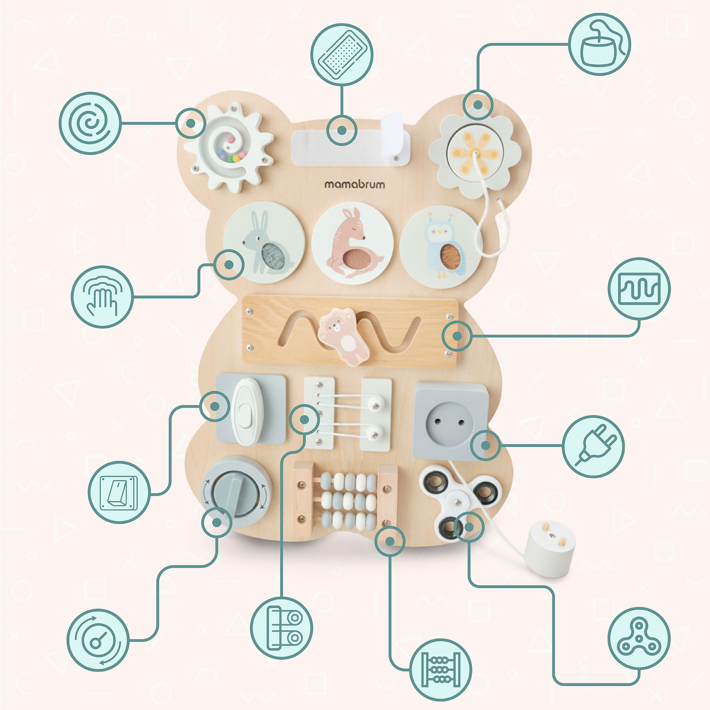 Drevená manipulačná doska Montessori s plyšovým medvedíkom - senzorické učenie samostatnosti: suchý zips, zátka, bludisko, klikajúci gombík