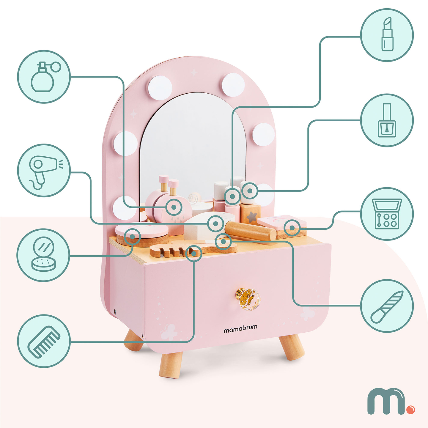 Drevený mini toaletný stolík pre deti s príslušenstvom a LED osvetlením s plynulým nastavením jasu