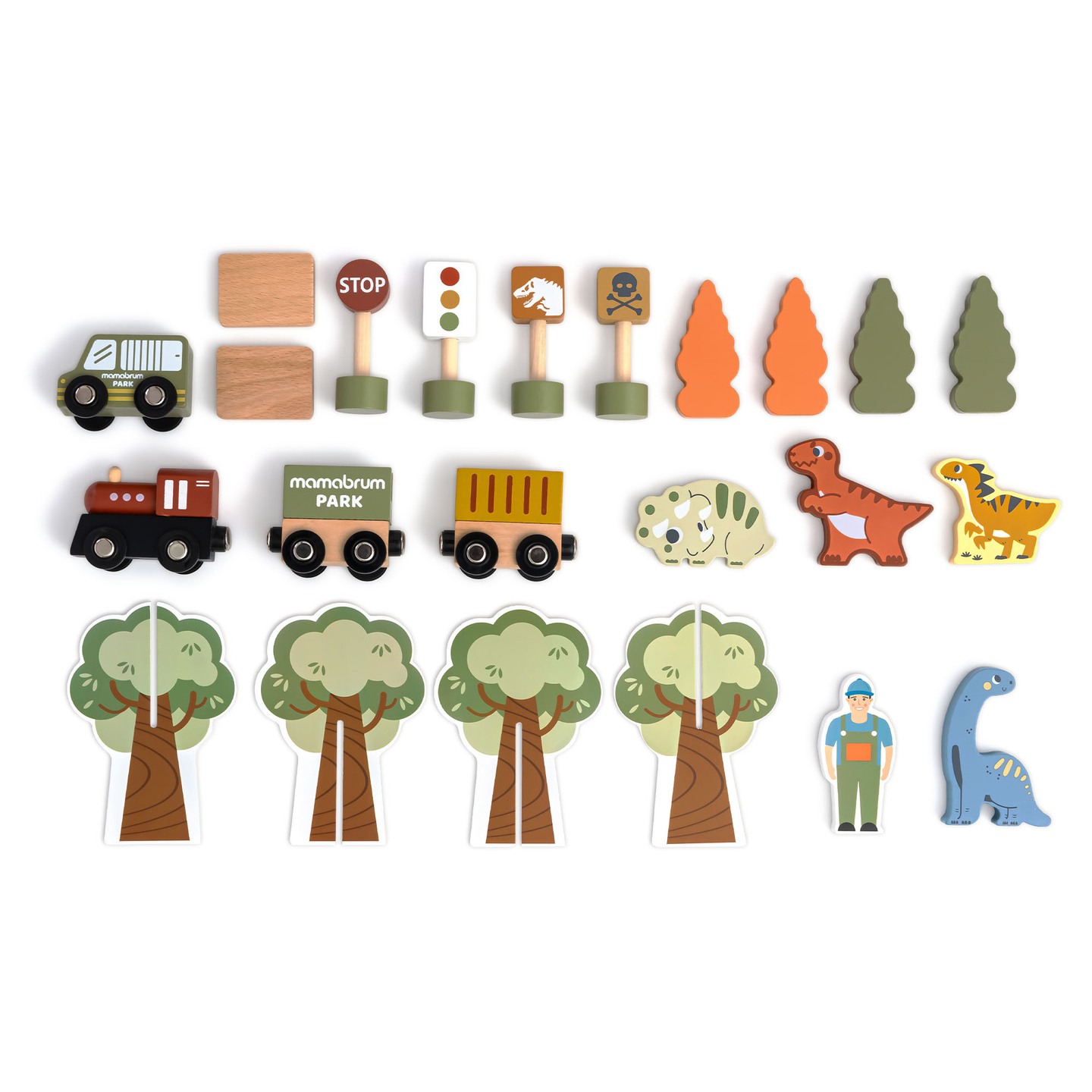 Drevený vláčik Dino Park s protišmykovou podložkou - dinosaury, vláčik, koľajnice, sopka, zvonček