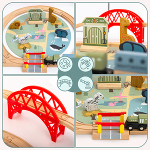 Drevený vláčik do zoo – puzzle, vláčik, koľajnice, zvieratá, most, závora