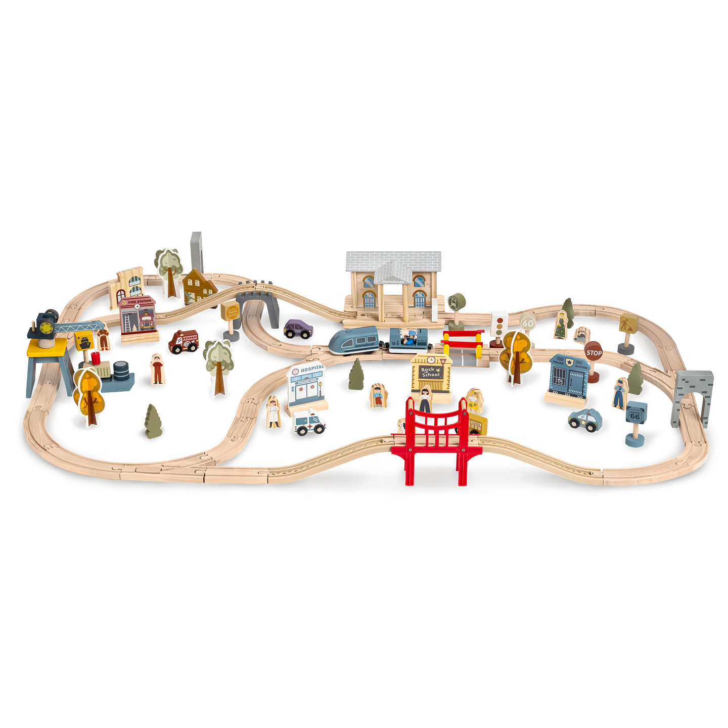 Drevená mestská železnica s elektrickým vlakom - pohybujúci sa žeriav, loď, mosty