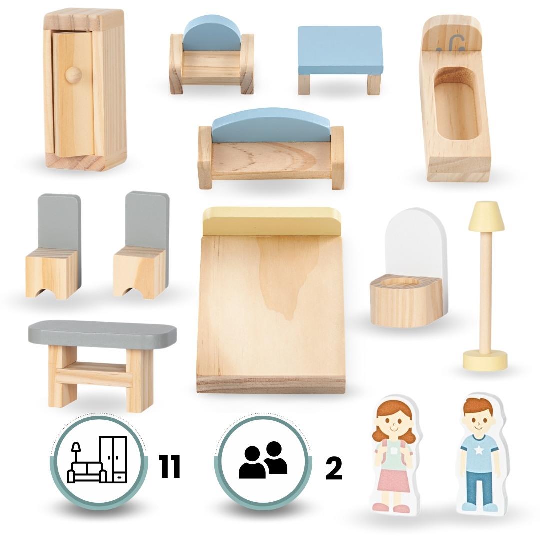 Biely drevený domček pre bábiky s terasou a príslušenstvom