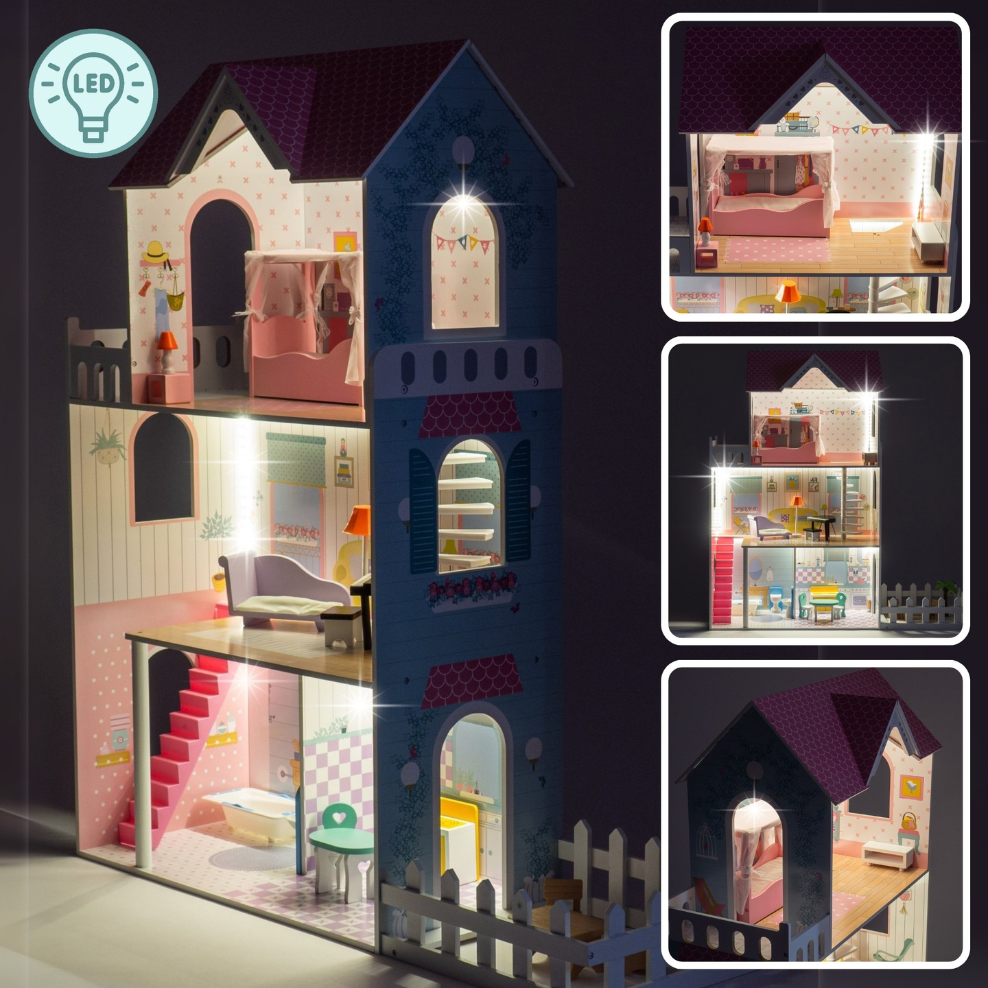 XXL Najväčší drevený domček pre bábiky - 123 cm - LED osvetlenie - terasa, doplnky, záhrada