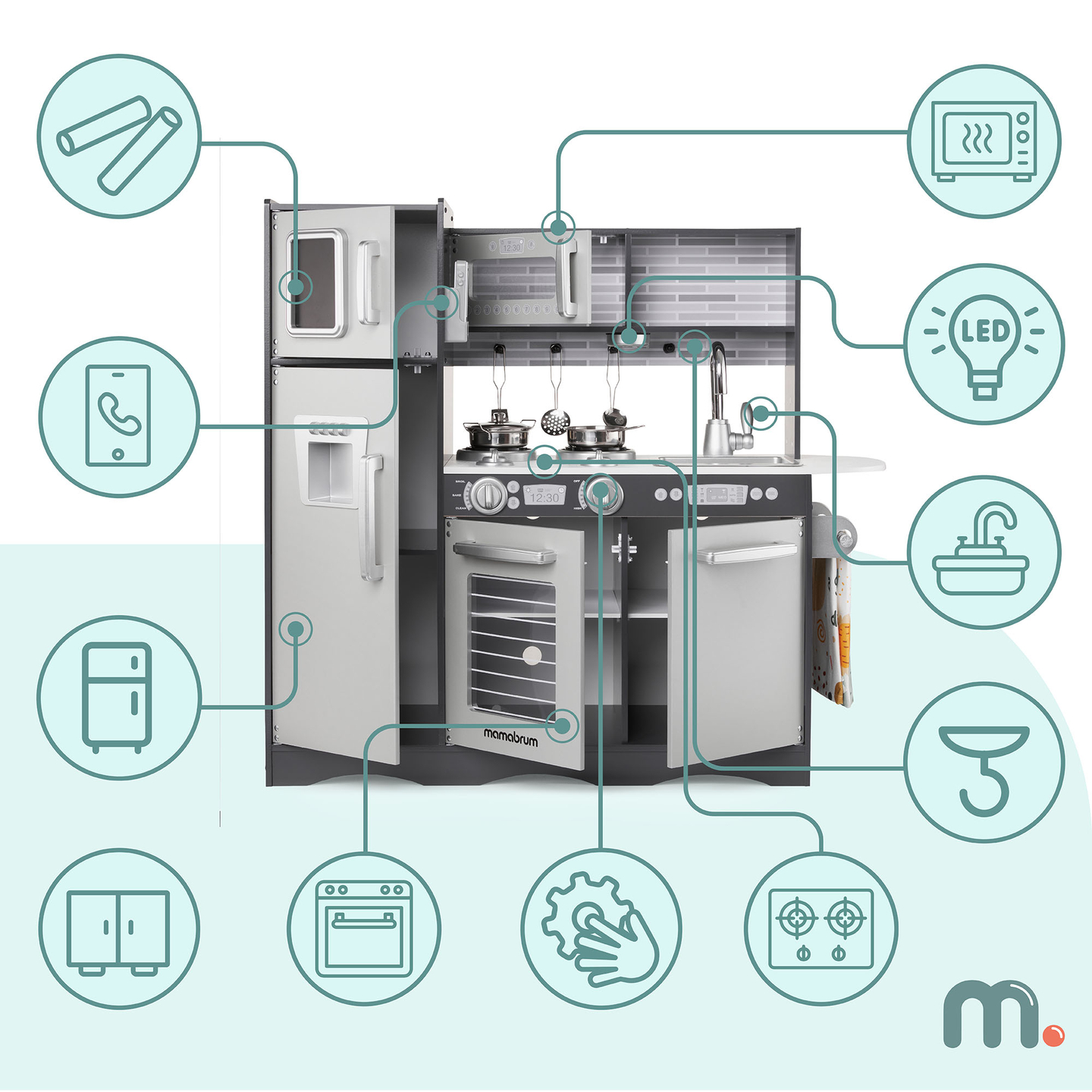 Drevená kuchyňa XXL s LED osvetlením, zásterou a príslušenstvom