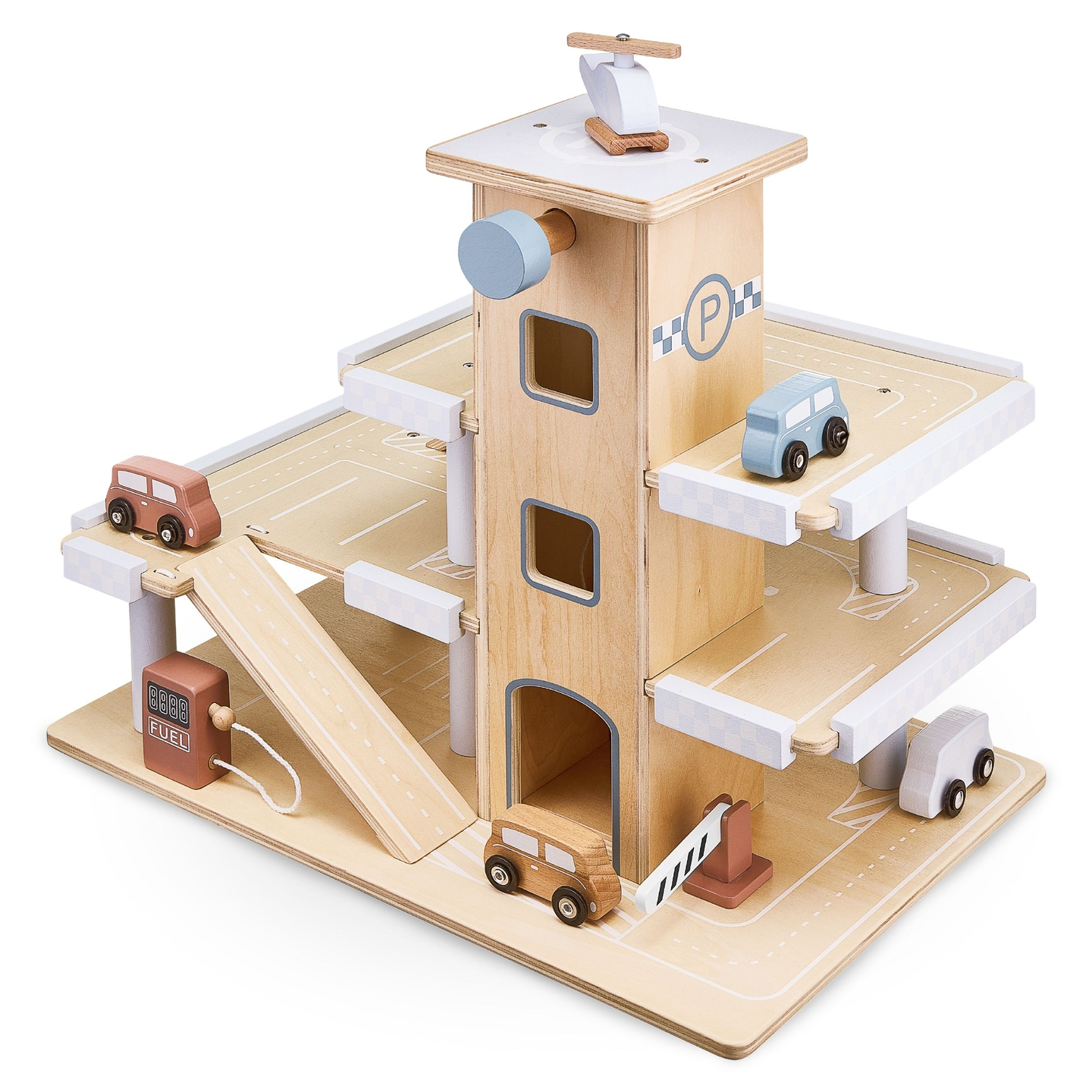 Drevené trojpodlažné parkovisko s výťahom - garáž s autami a vrtuľníkom