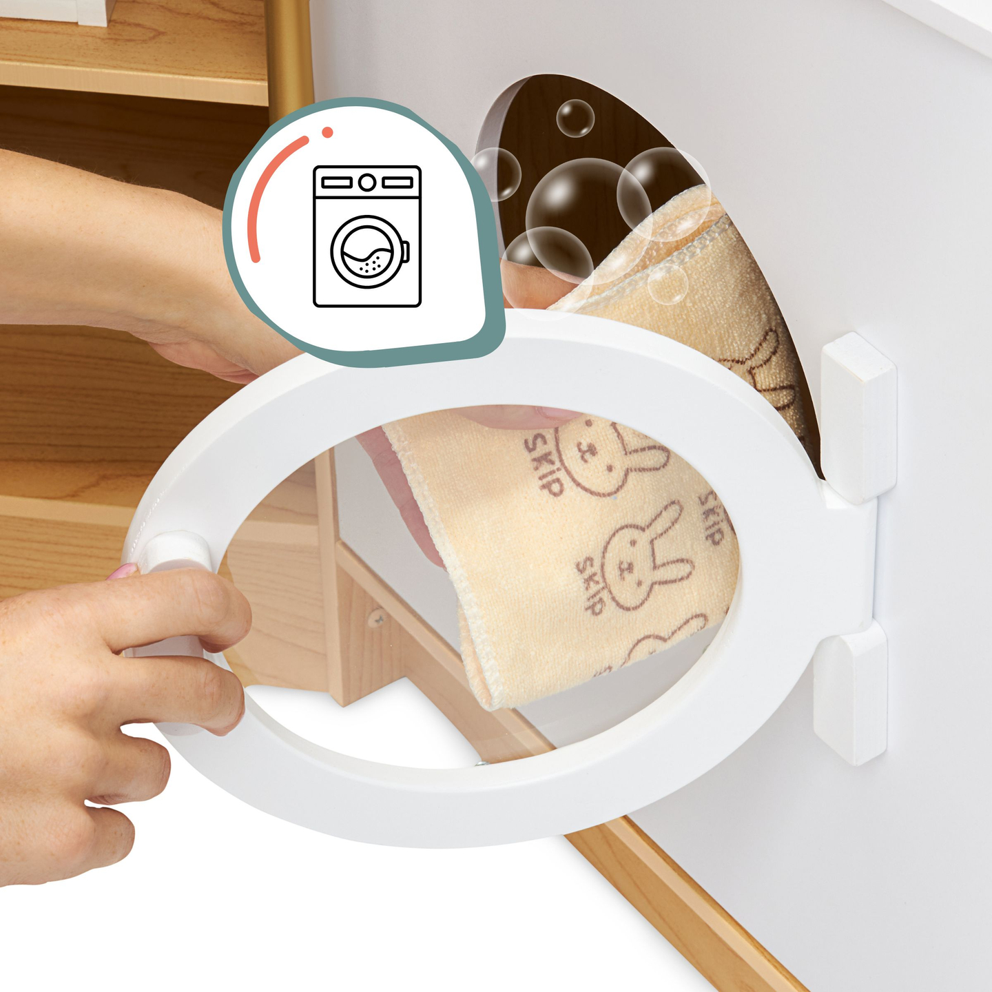 XXXXL veľká drevená interaktívna kuchyňa s LED osvetlením, práčkou, mikrovlnnou rúrou, kávovarom a sadou ovocia a zeleniny - 50 prvkov