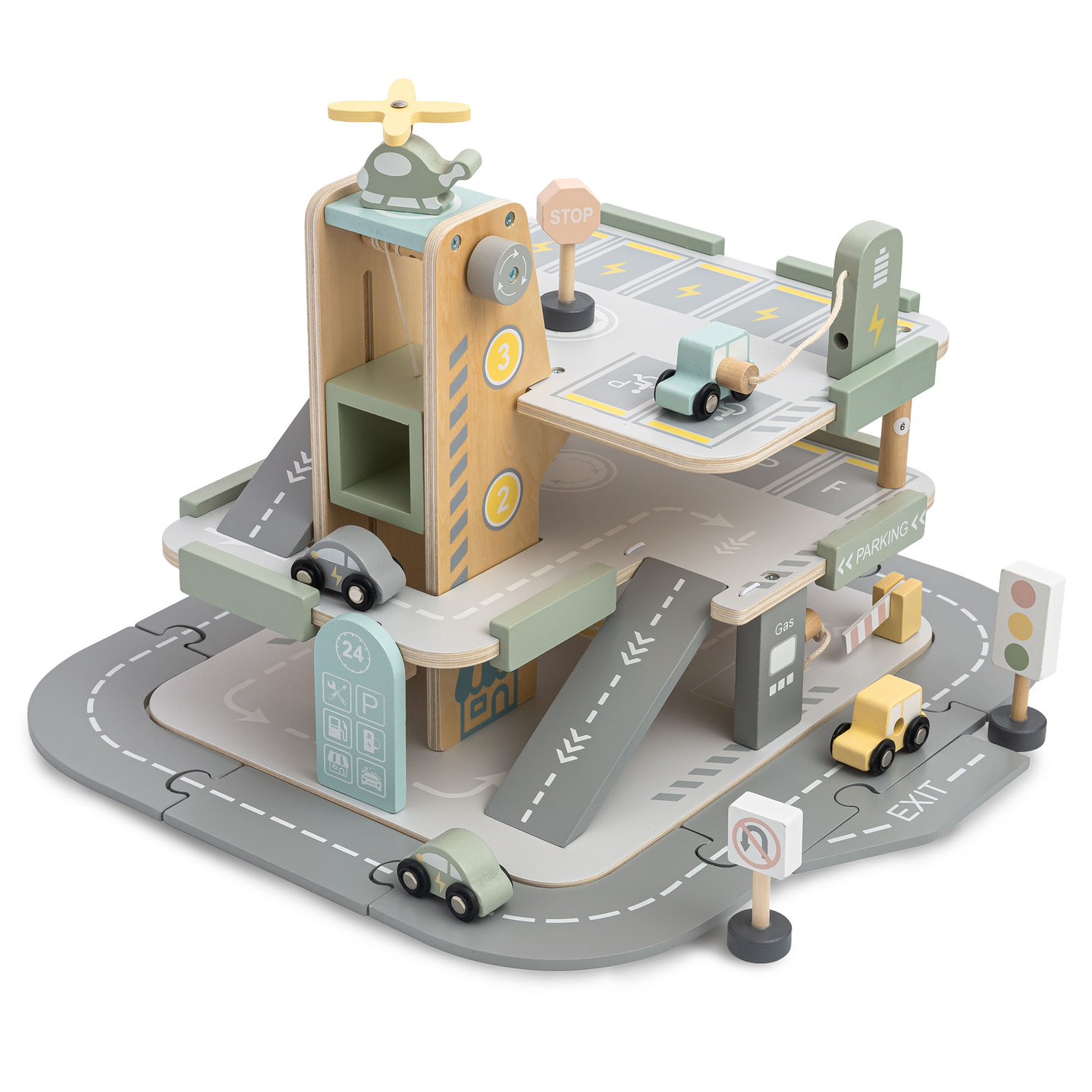 Drevená trojposchodová garáž pre deti s príslušenstvom – parkovisko, čerpacia stanica, umývačka áut, vrtuľník
