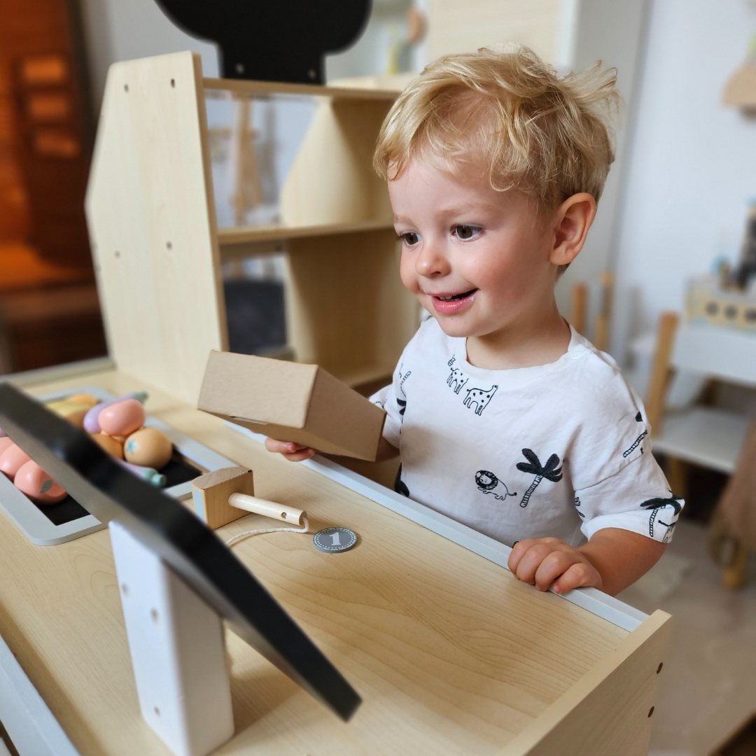 Drevený zeleninový trh - veľký XXL stánok, obchod s hracou pokladňou