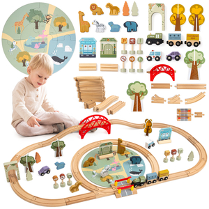 Drevený vláčik do zoo – puzzle, vláčik, koľajnice, zvieratá, most, závora