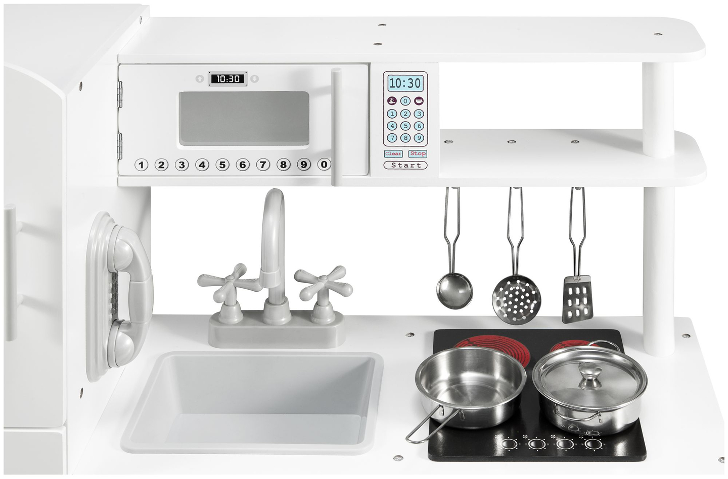 Veľké drevené biele kuchynské doplnky a zástera