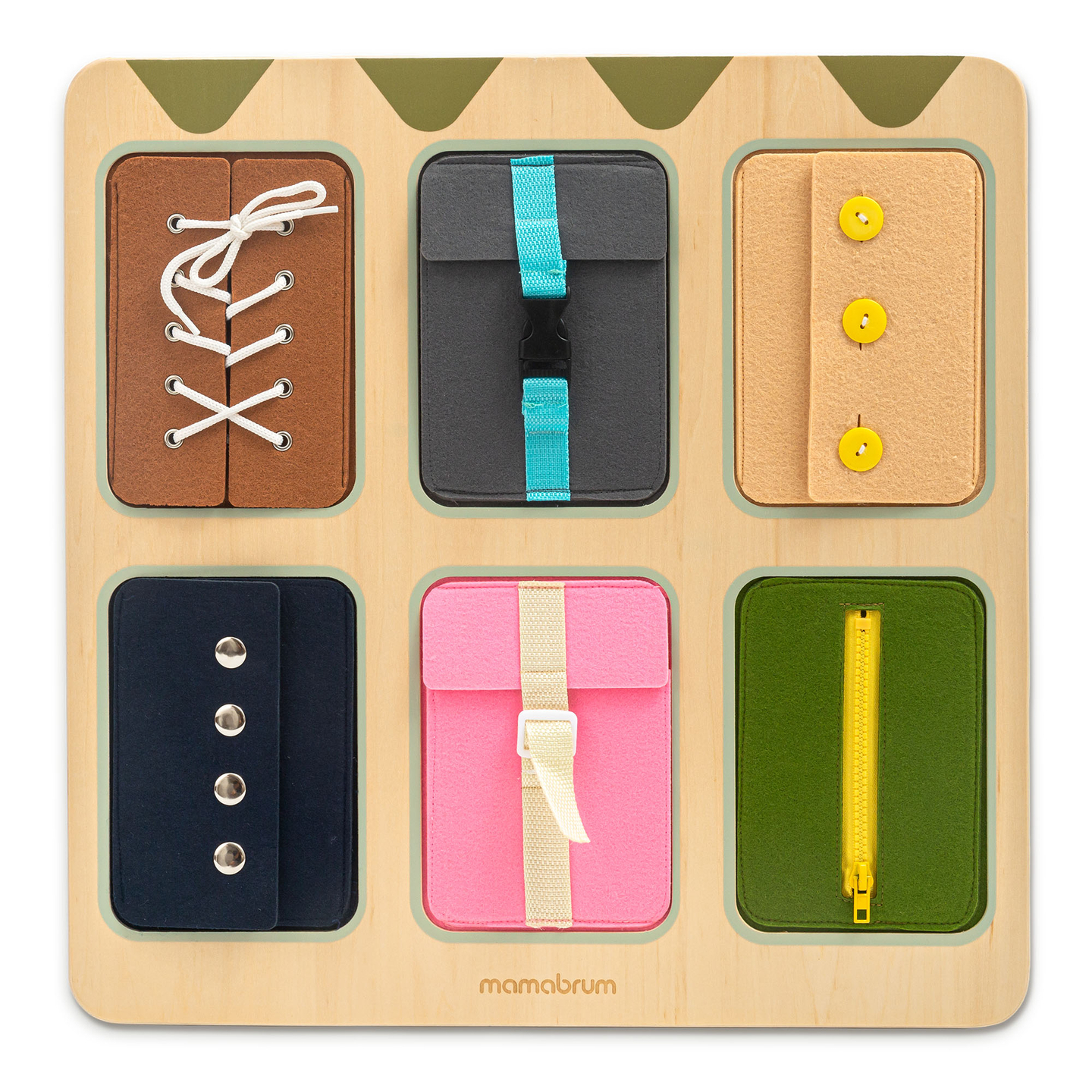 Drevená Montessori manipulačná doska – senzorické učenie samostatnosti – šnúrky, pracky, gombíky, patentky, zips