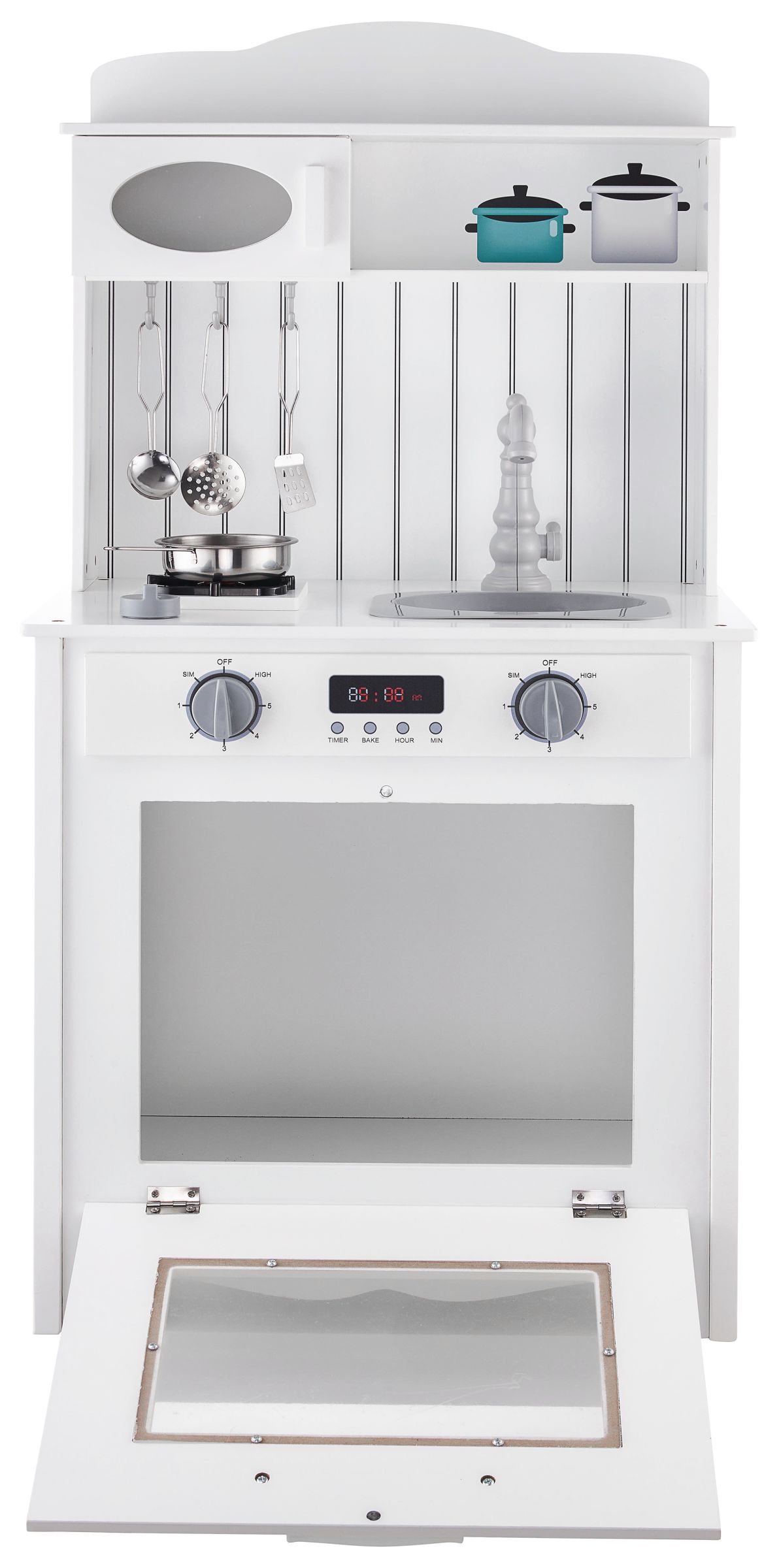 Biela drevená kuchyňa so zásterou, doplnkami a LED lampou