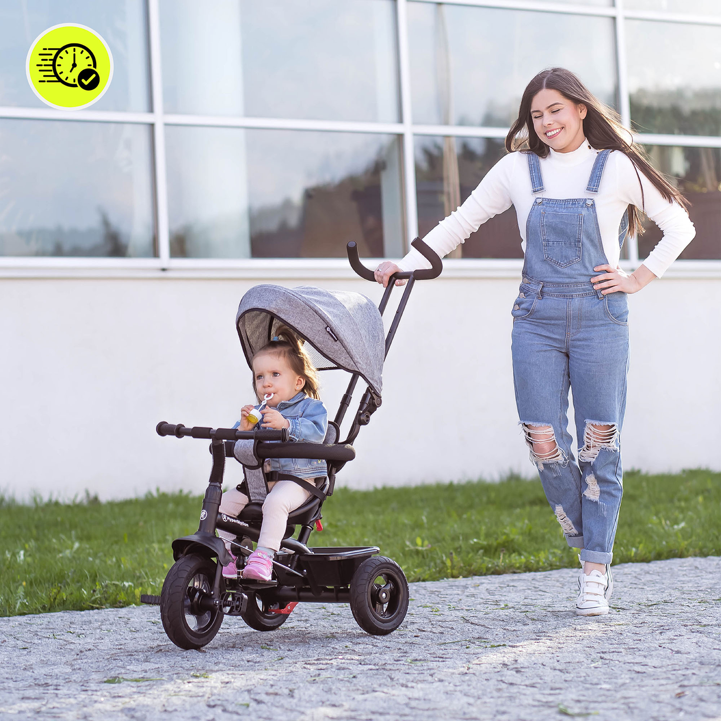 Trojkolka pre deti od 1 do 4 rokov - TOBI FREY - sivá farba - otočná - pumpované kolesá + tlačné koleso