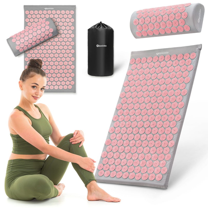 Akupresúrna podložka s vankúšom a poťahom - 72 cm HyperMotion sivá a ružová