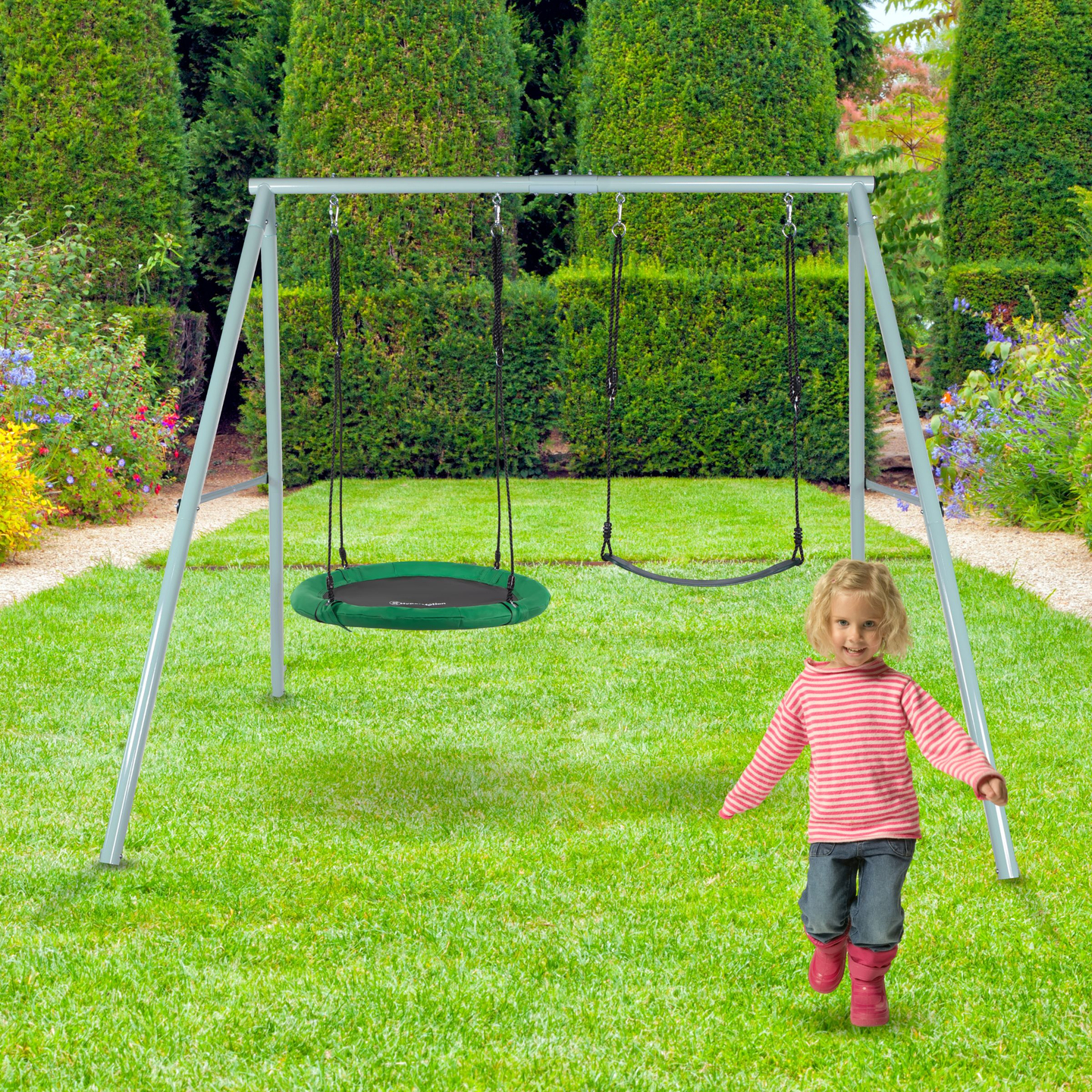 Dvojitá záhradná hojdačka s rámom a lanami - sedák a bocianie hniezdo