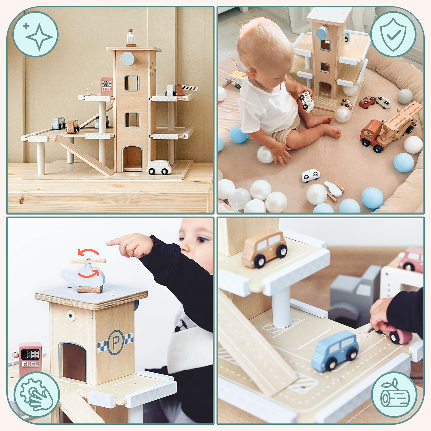 Drevené trojpodlažné parkovisko s výťahom - garáž s autami a vrtuľníkom