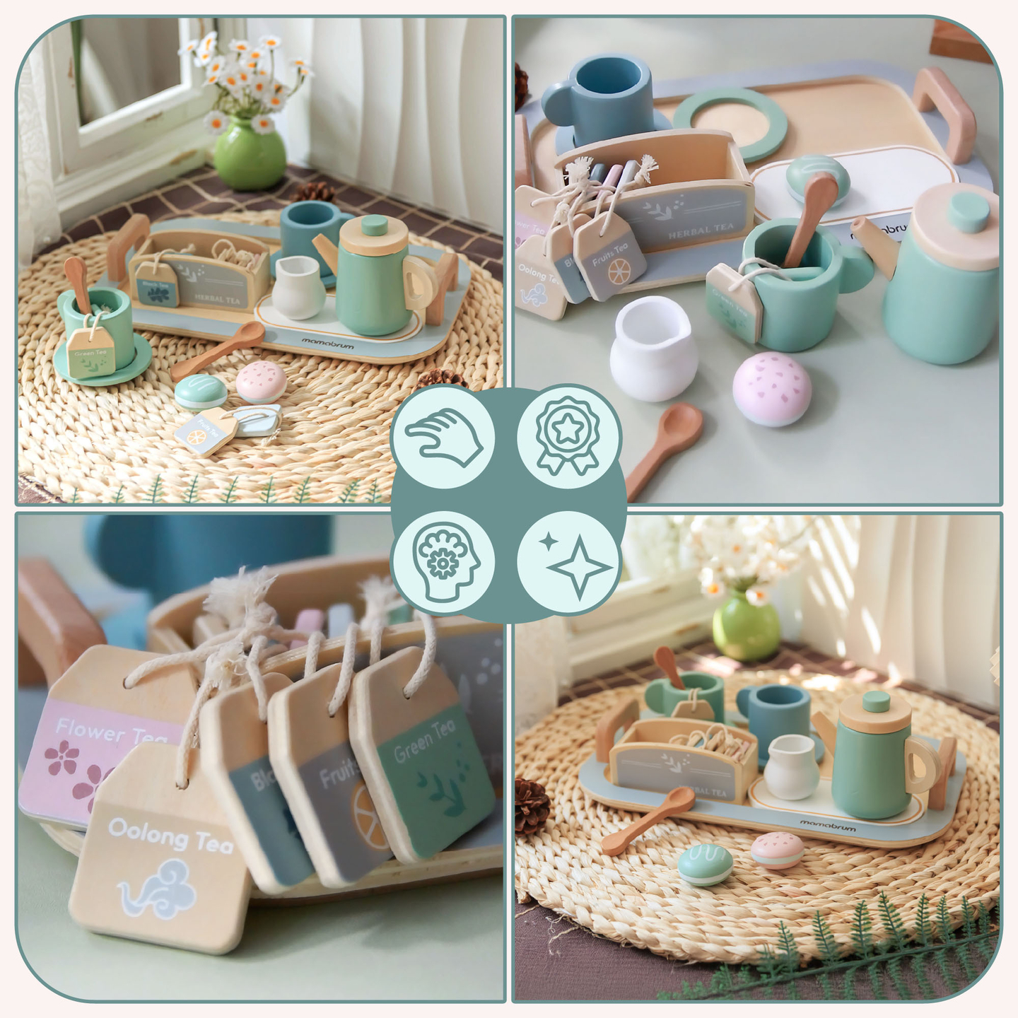 Veľká drevená čajová súprava s podnosom - 18 kusov