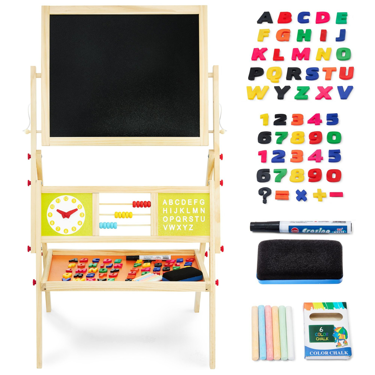 Veľká vzdelávacia obojstranná tabuľa: magnetická a kriedová - tabuľa na vymazávanie za sucha, drevená