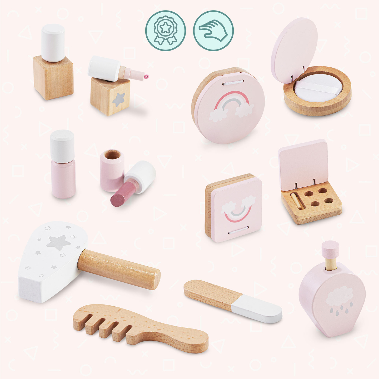 Drevený toaletný stolík pre deti s LED osvetlením s plynulým nastavením jasu, stoličkou a príslušenstvom