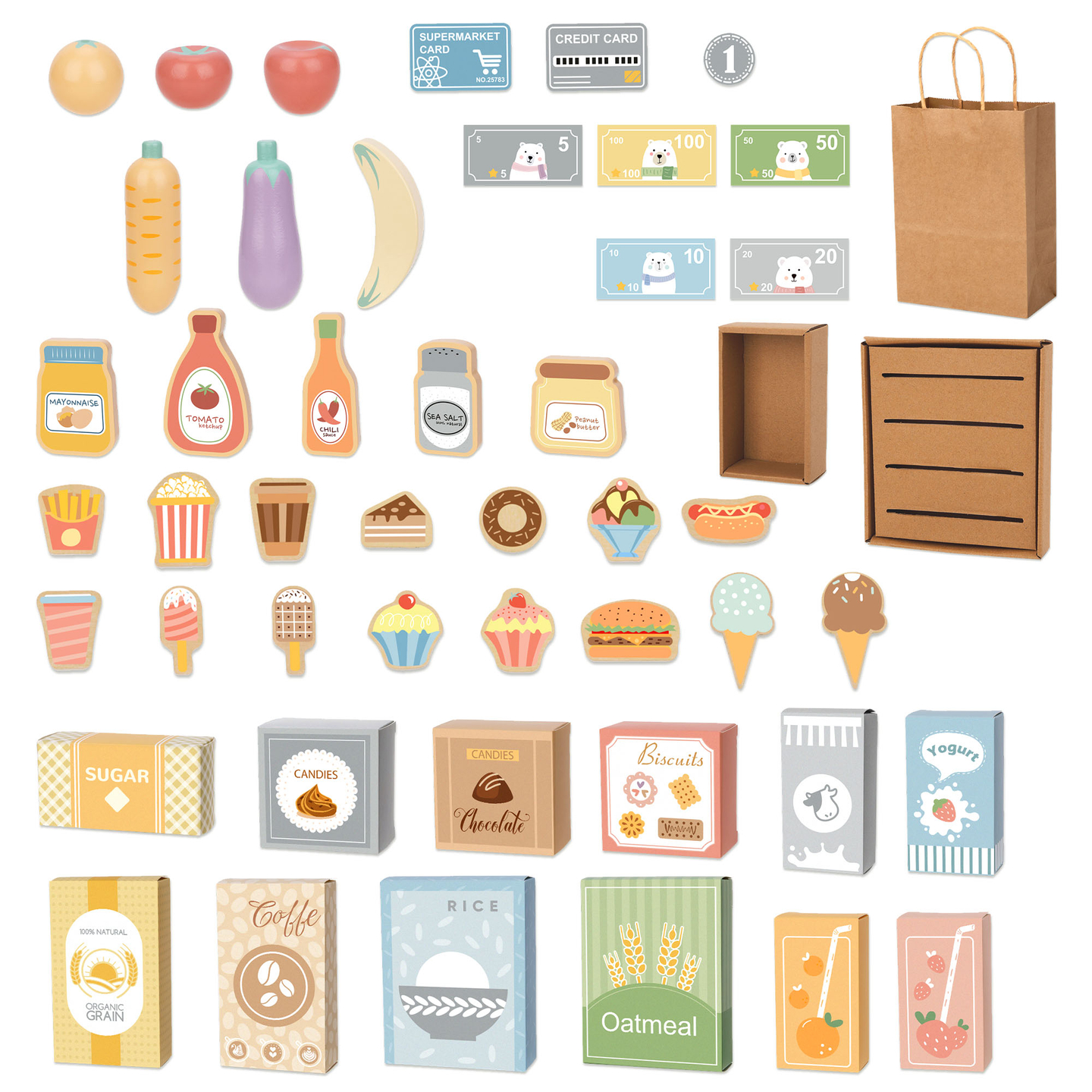 Veľký drevený detský obchod s tabuľou - 91 dielikov pre zábavu pri nakupovaní!