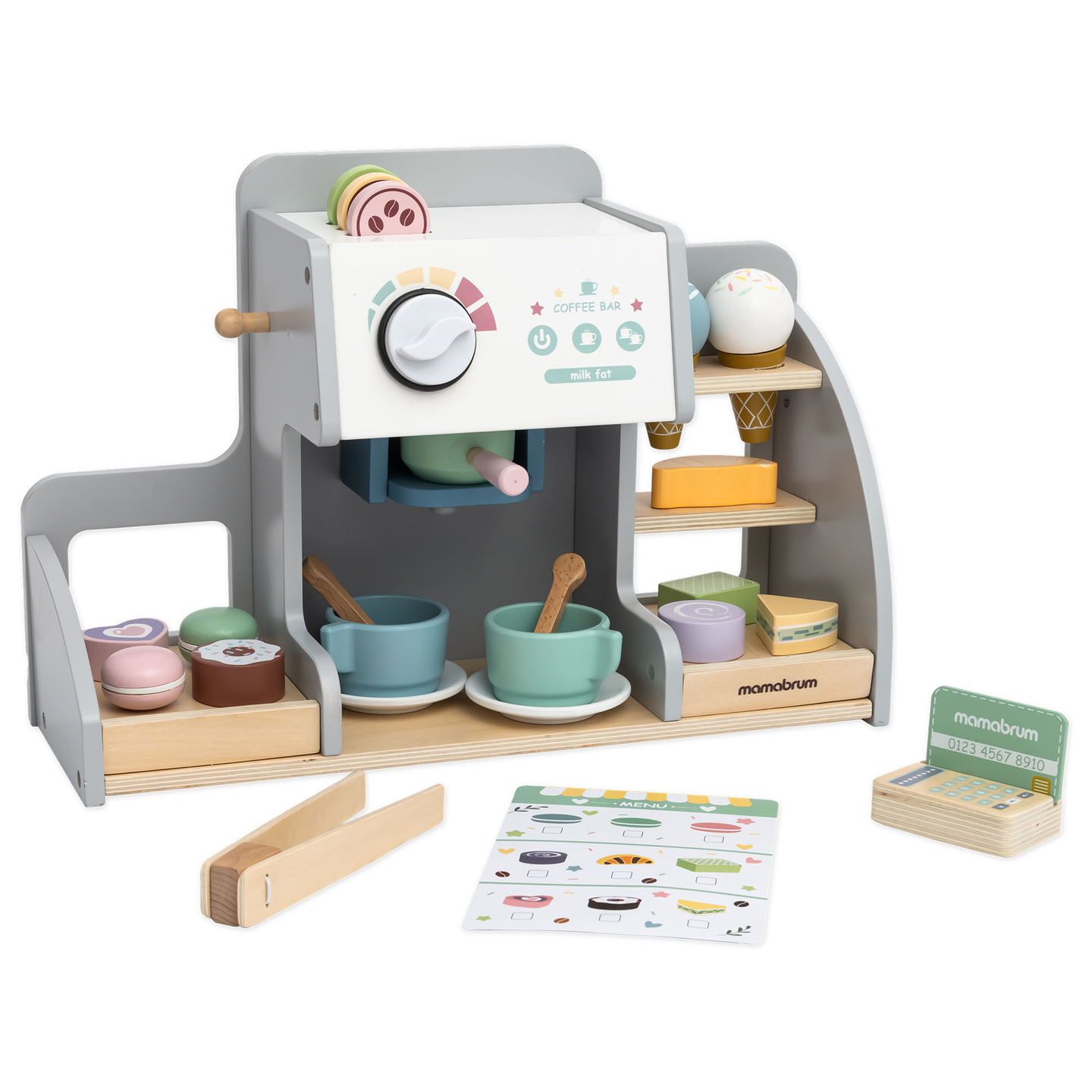 Veľká drevená zmrzlináreň s magnetickou tabuľou, kávovarom a sadou na zmrzlinu a zákusky - viac ako 70 dielikov!