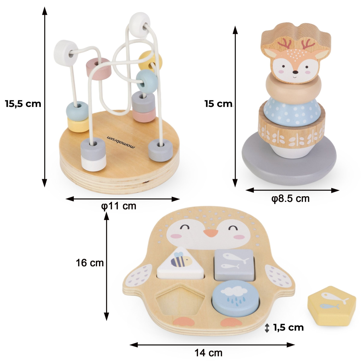 Súprava drevených hračiek - farebné prepletanie, pyramída Deer, triedička Tučniak