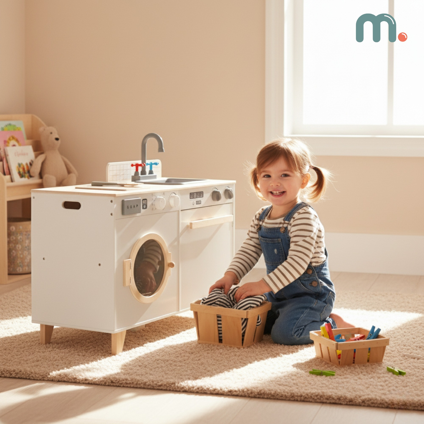 Drevená práčovňa a kuchyňa - domáca súprava 2 v 1 pre deti