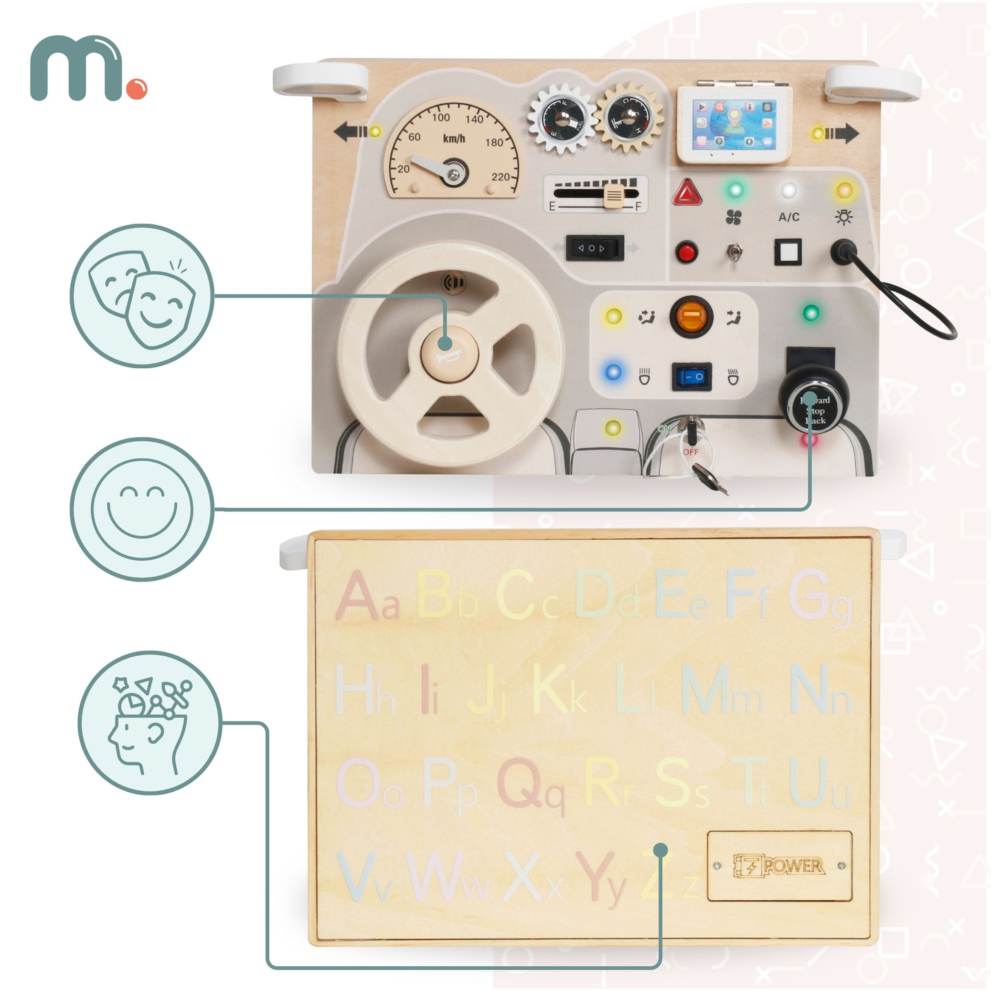 Montessori drevená hracia doska pre malé deti - prístrojová doska auta