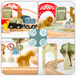 Drevený vláčik do zoo – puzzle, vláčik, koľajnice, zvieratá, most, závora