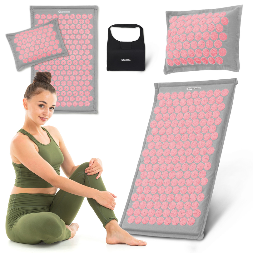 EKO ľanová akupresúrna podložka s kokosovým vláknom a pohánkovým vankúšom – 68 cm HyperMotion sivá a ružová