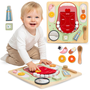 Drevená Montessori vzdelávacia tabuľa Malý zubár - zubná kefka, pasta, vyberateľné zuby, zrkadlo, jedlo, učebné príchute