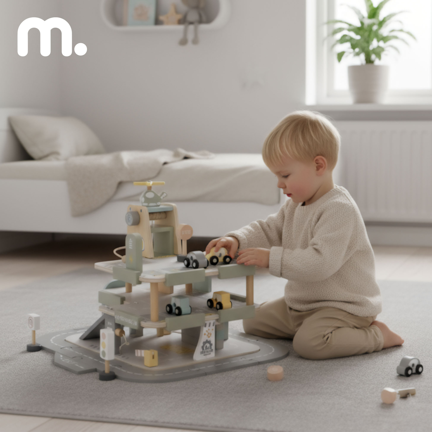 Drevená trojposchodová garáž pre deti s príslušenstvom – parkovisko, čerpacia stanica, umývačka áut, vrtuľník