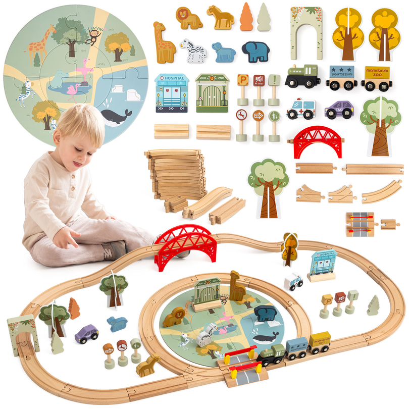 Drevený vláčik do zoo – puzzle, vláčik, koľajnice, zvieratá, most, závora